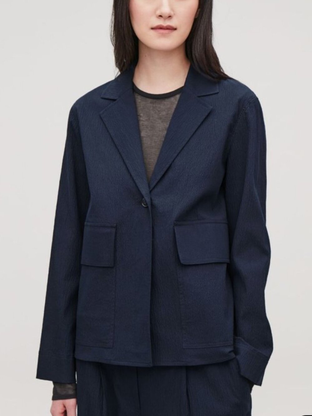 COS Cotton Seersucker Blazer Jacket Sz 6 Navy Blue Textured